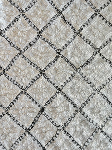 Table Cover: 117 x 58 inches Approx'. Aghabani Oriental for Rectangle Tables, White background with Gray and White Silk Embroidery