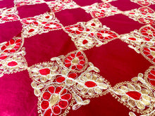 Load image into Gallery viewer, Silk Organza Tables Cover: 94 x 59 inches approx. Red background with Red &amp; Gold embroidery
