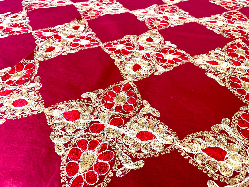 Silk Organza Tables Cover: 94 x 59 inches approx. Red background with Red & Gold embroidery