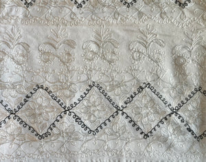 Table Cover: 117 x 58 inches Approx'. Aghabani Oriental for Rectangle Tables, White background with Gray and White Silk Embroidery