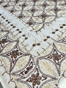 Table Cover: 135 x 67 inches Approx’. Aghabani Oriental for Rectangle Tables, Beige background with Beige, Gold & Brown Silk Embroidery