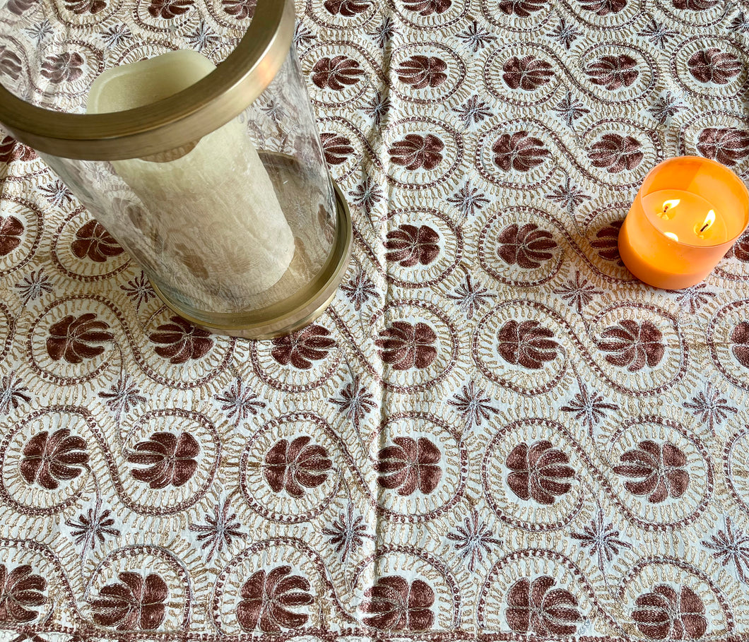 Table Cover: 117 x 69 inches Approx'. Aghabani Oriental for Rectangle Tables, Beige background with Brown, Gold and Silver Silk Embroidery