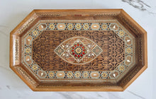 Load image into Gallery viewer, Wooden Mosaic Tray inlaid with Mother of Pearl. L 18.2 in W 11.0 in.
