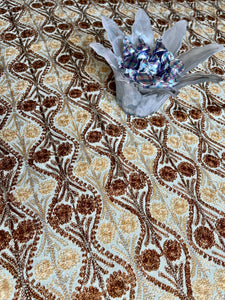 Table Cover: 117 x 67 inches Approx’. Aghabani Oriental for Rectangle Tables, Beige background with Brown and Silver Silk Embroidery