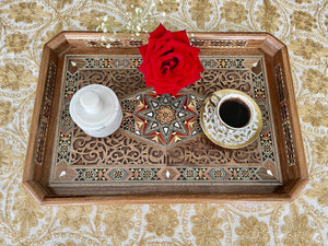 Wooden Mosaic Tray inlaid with Mother of Pearl. L 17.8 in W 12.2 in.