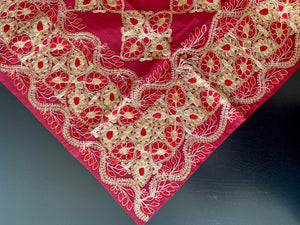 Silk Organza Tables Cover: 94 x 59 inches approx. Red background with Red & Gold embroidery