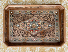 Load image into Gallery viewer, Wooden Mosaic Tray inlaid with Mother of Pearl. L 17.8 in W 12.2 in.
