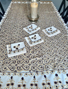 Table Cover: 94 x 59 inches Approx'. Aghabani Oriental for Rectangle Tables, Beige background with Brown and Gold Silk Embroidery