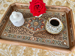 Wooden Mosaic Tray inlaid with Mother of Pearl. L 17.8 in W 12.2 in.