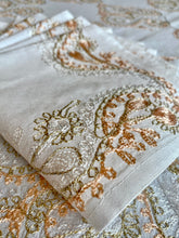 Load image into Gallery viewer, Table Cover: 117 x 58 inches Approx&#39;. Aghabani Oriental for Rectangle Tables, White background with White and Peach Silk Embroidery
