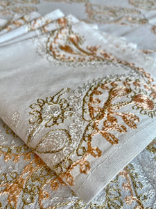 Table Cover: 117 x 58 inches Approx'. Aghabani Oriental for Rectangle Tables, White background with White and Peach Silk Embroidery