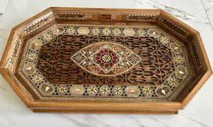 Wooden Mosaic Tray inlaid with Mother of Pearl. L 18.2 in W 11.0 in.