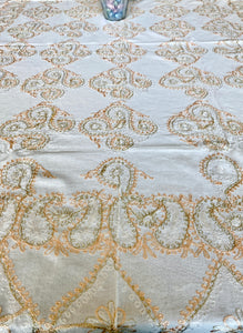 Table Cover: 117 x 58 inches Approx'. Aghabani Oriental for Rectangle Tables, White background with White and Peach Silk Embroidery